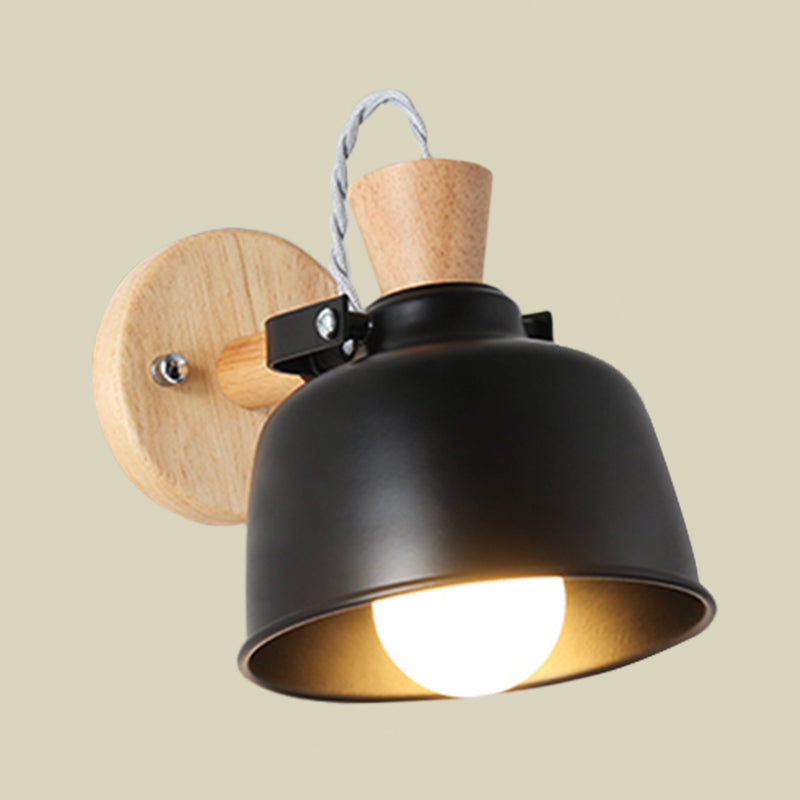 Bowl Bedside Wall Light Fixture Iron 1 Light Macaron Handle Sconce Lamp in Grey/Black with Wood Top and Backplate Clearhalo 'Modern wall lights' 'Modern' 'Wall Lamps & Sconces' 'Wall Lights' Lighting' 702662