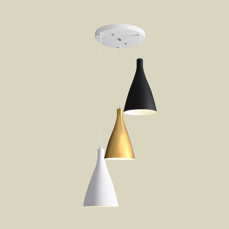 Modernist 3 Lights Multi Light Pendant White-Black-Gold Conical Ceiling Lamp with Metal Shade, Round/Linear Canopy Clearhalo 'Ceiling Lights' 'Modern Pendants' 'Modern' 'Pendant Lights' 'Pendants' Lighting' 702747