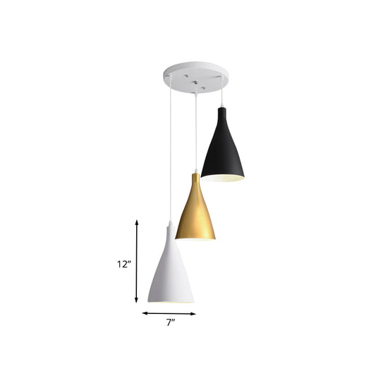 Modernist 3 Lights Multi Light Pendant White-Black-Gold Conical Ceiling Lamp with Metal Shade, Round/Linear Canopy Clearhalo 'Ceiling Lights' 'Modern Pendants' 'Modern' 'Pendant Lights' 'Pendants' Lighting' 702748