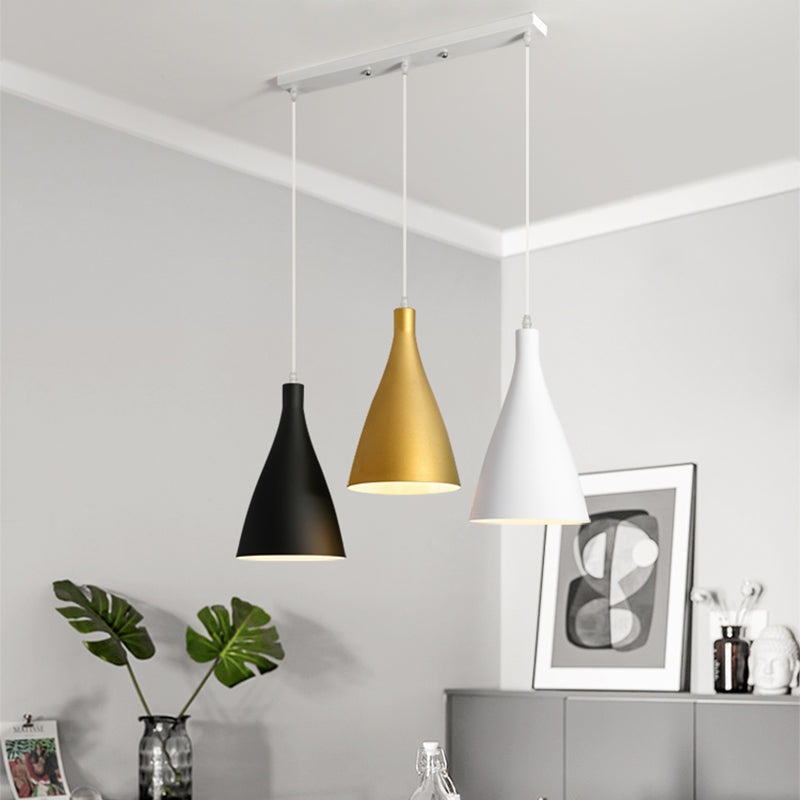 Modernist 3 Lights Multi Light Pendant White-Black-Gold Conical Ceiling Lamp with Metal Shade, Round/Linear Canopy Black-Gold Linear Clearhalo 'Ceiling Lights' 'Modern Pendants' 'Modern' 'Pendant Lights' 'Pendants' Lighting' 702749