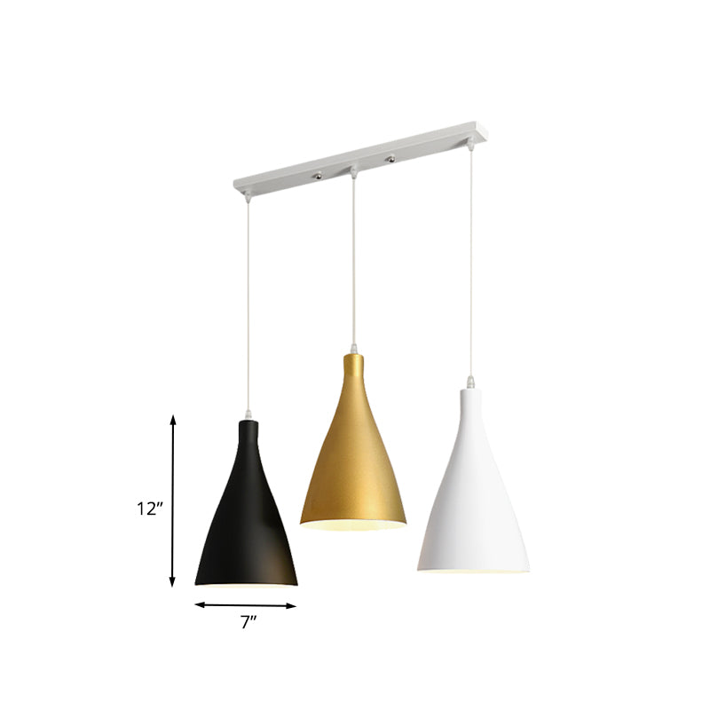 Modernist 3 Lights Multi Light Pendant White-Black-Gold Conical Ceiling Lamp with Metal Shade, Round/Linear Canopy Clearhalo 'Ceiling Lights' 'Modern Pendants' 'Modern' 'Pendant Lights' 'Pendants' Lighting' 702752