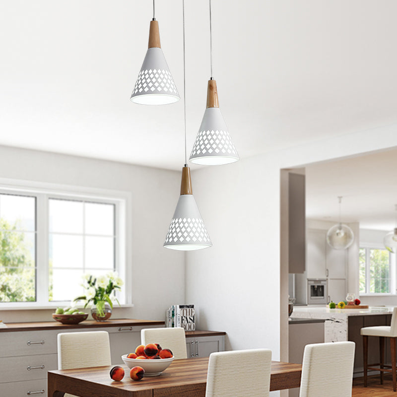 Iron Cone Cluster Pendant Light Modernist 3-Head Suspension Lamp with Hollow Out Grid Design in White and Wood Clearhalo 'Ceiling Lights' 'Modern Pendants' 'Modern' 'Pendant Lights' 'Pendants' Lighting' 702754