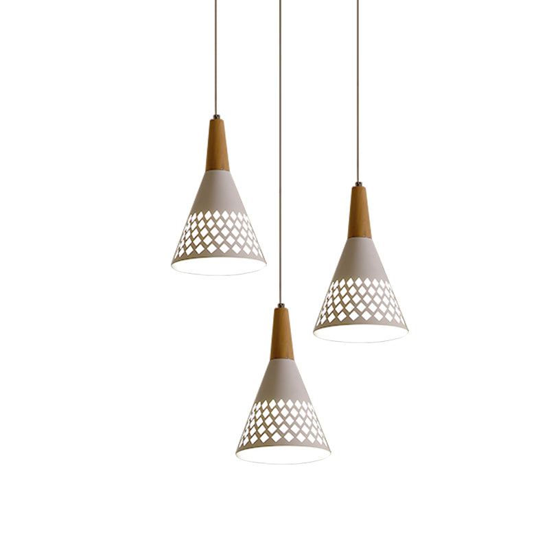 Iron Cone Cluster Pendant Light Modernist 3-Head Suspension Lamp with Hollow Out Grid Design in White and Wood Clearhalo 'Ceiling Lights' 'Modern Pendants' 'Modern' 'Pendant Lights' 'Pendants' Lighting' 702756