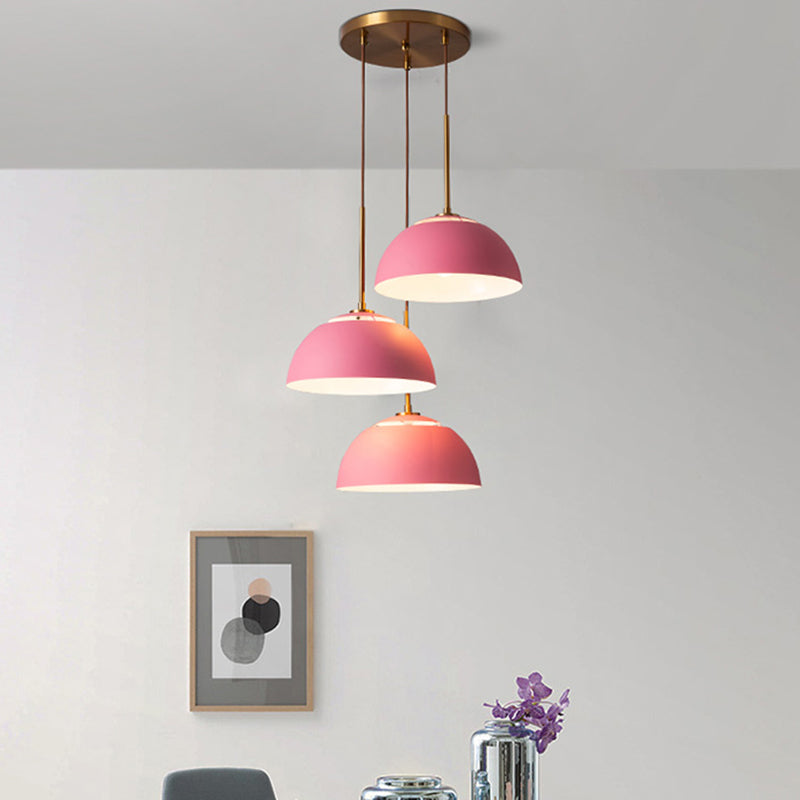 3 Lights Dining Room Cluster Pendant Macaron White/Pink/Green Finish Down Lighting with Dome Iron Shade Clearhalo 'Ceiling Lights' 'Modern Pendants' 'Modern' 'Pendant Lights' 'Pendants' Lighting' 702764