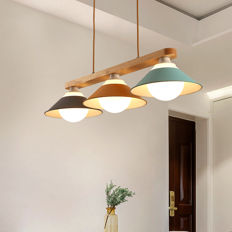 Blue-Grey-Yellow Dosa Island Light Fixture Macaron 3 Lights Iron Ceiling Pendant Lamp with Wood Rod Blue-Grey-Yellow Clearhalo 'Ceiling Lights' 'Island Lights' Lighting' 702786