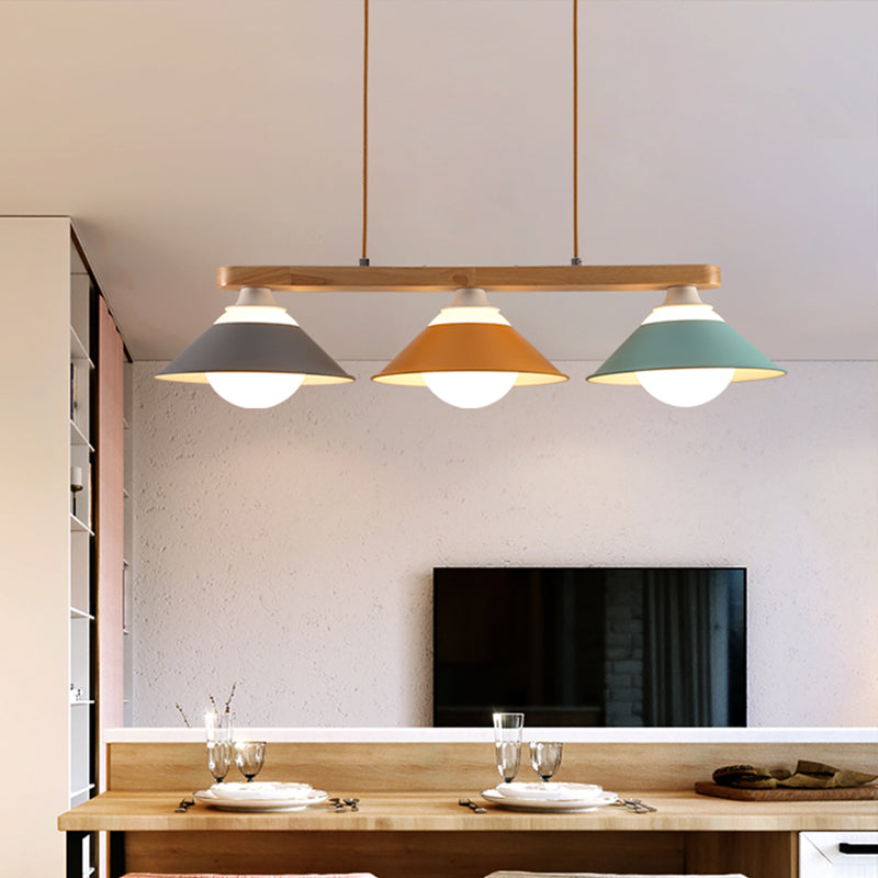 Blue-Grey-Yellow Dosa Island Light Fixture Macaron 3 Lights Iron Ceiling Pendant Lamp with Wood Rod Clearhalo 'Ceiling Lights' 'Island Lights' Lighting' 702787