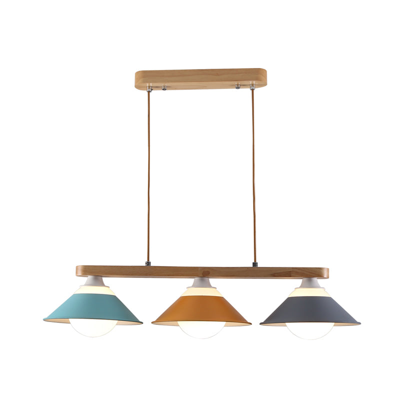 Blue-Grey-Yellow Dosa Island Light Fixture Macaron 3 Lights Iron Ceiling Pendant Lamp with Wood Rod Clearhalo 'Ceiling Lights' 'Island Lights' Lighting' 702789