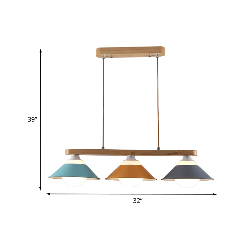 Blue-Grey-Yellow Dosa Island Light Fixture Macaron 3 Lights Iron Ceiling Pendant Lamp with Wood Rod Clearhalo 'Ceiling Lights' 'Island Lights' Lighting' 702790