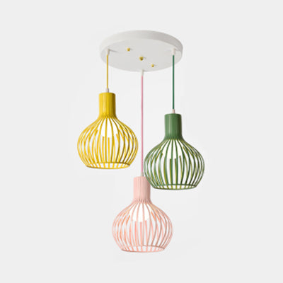 3 Bulbs Ceiling Lighting with Wire Dome Shade Metal Industrial Dining Room Hanging Light in Grey/Pink Green-Yellow-Pink Round Clearhalo 'Ceiling Lights' 'Modern Pendants' 'Modern' 'Pendant Lights' 'Pendants' Lighting' 70280