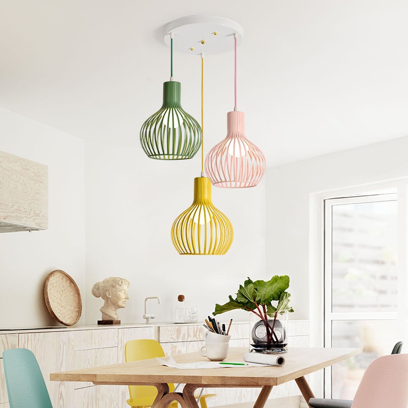 3 Bulbs Ceiling Lighting with Wire Dome Shade Metal Industrial Dining Room Hanging Light in Grey/Pink Clearhalo 'Ceiling Lights' 'Modern Pendants' 'Modern' 'Pendant Lights' 'Pendants' Lighting' 70281