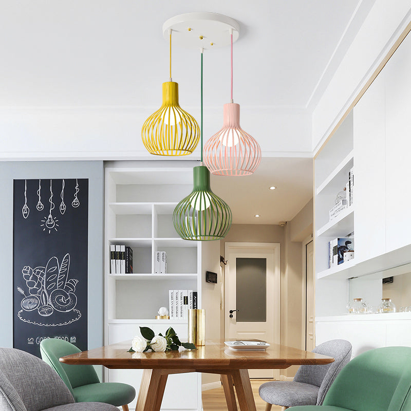 3 Bulbs Ceiling Lighting with Wire Dome Shade Metal Industrial Dining Room Hanging Light in Grey/Pink Clearhalo 'Ceiling Lights' 'Modern Pendants' 'Modern' 'Pendant Lights' 'Pendants' Lighting' 70282