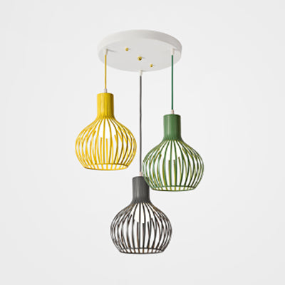 3 Bulbs Ceiling Lighting with Wire Dome Shade Metal Industrial Dining Room Hanging Light in Grey/Pink Yellow-Green-Grey Round Clearhalo 'Ceiling Lights' 'Modern Pendants' 'Modern' 'Pendant Lights' 'Pendants' Lighting' 70283