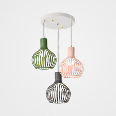 3 Bulbs Ceiling Lighting with Wire Dome Shade Metal Industrial Dining Room Hanging Light in Grey/Pink Pink-Green-Gray Round Clearhalo 'Ceiling Lights' 'Modern Pendants' 'Modern' 'Pendant Lights' 'Pendants' Lighting' 70285