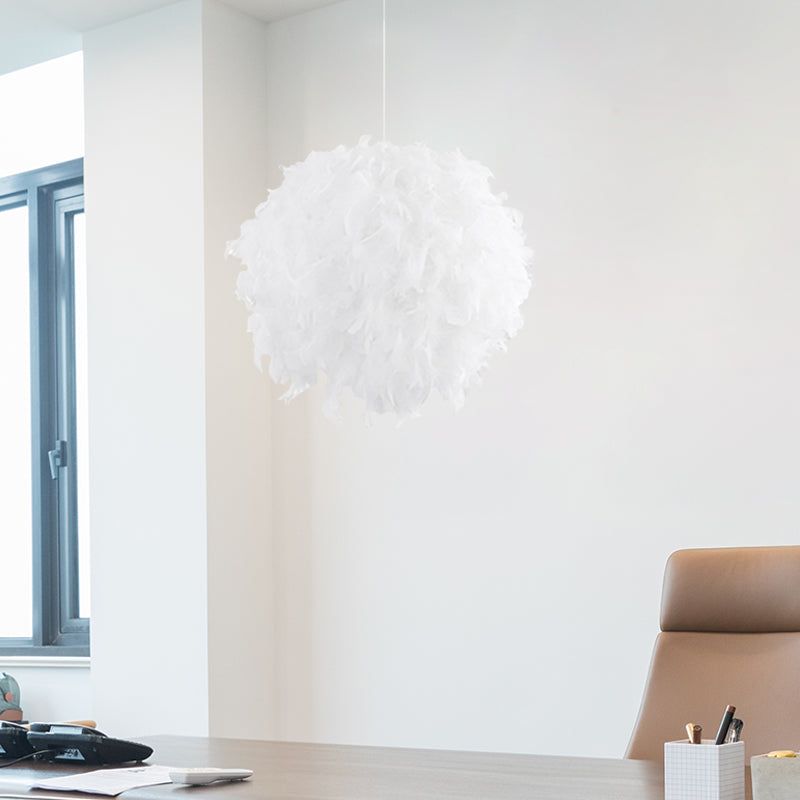 3/4 Lights Bedroom Ceiling Pendant Light Modernist White Chandelier Lamp with Feather Ball Fabric Shade Clearhalo 'Ceiling Lights' 'Chandeliers' 'Modern Chandeliers' 'Modern' Lighting' 702856