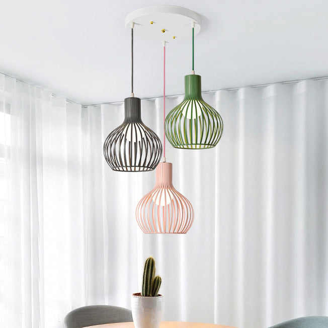 3 Bulbs Ceiling Lighting with Wire Dome Shade Metal Industrial Dining Room Hanging Light in Grey/Pink Clearhalo 'Ceiling Lights' 'Modern Pendants' 'Modern' 'Pendant Lights' 'Pendants' Lighting' 70286