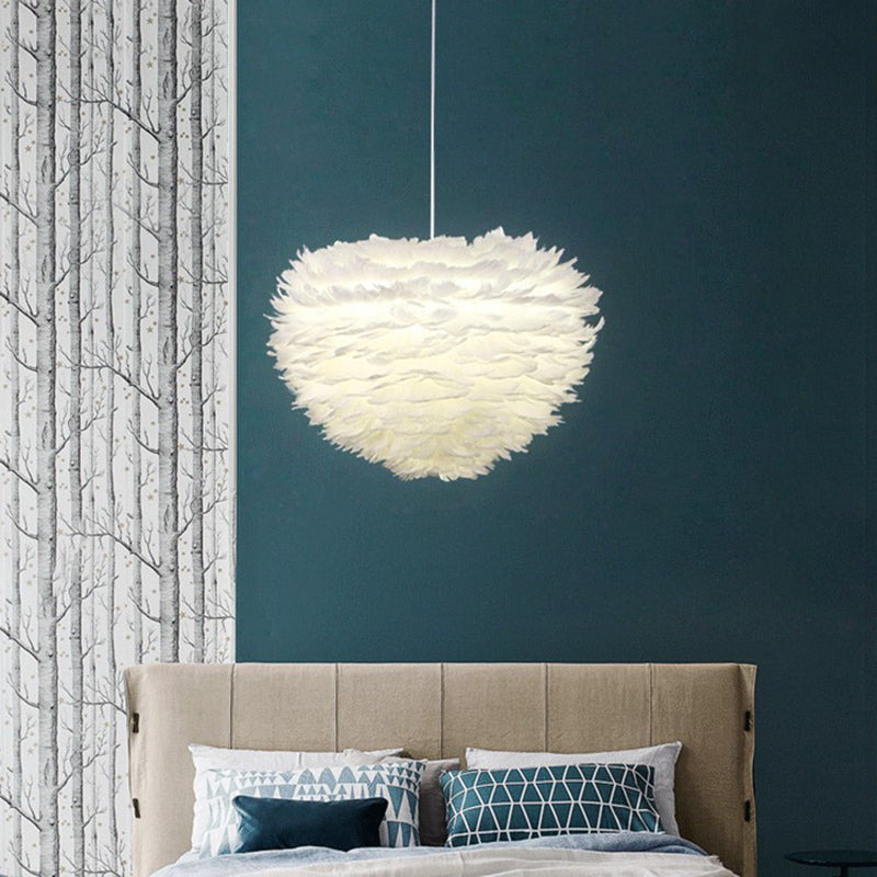 Modernist Feather Hanging Lighting Fabric 4-Light Bedroom Ceiling Chandelier in White/Grey/Pink White Clearhalo 'Ceiling Lights' 'Chandeliers' 'Modern Chandeliers' 'Modern' Lighting' 702866