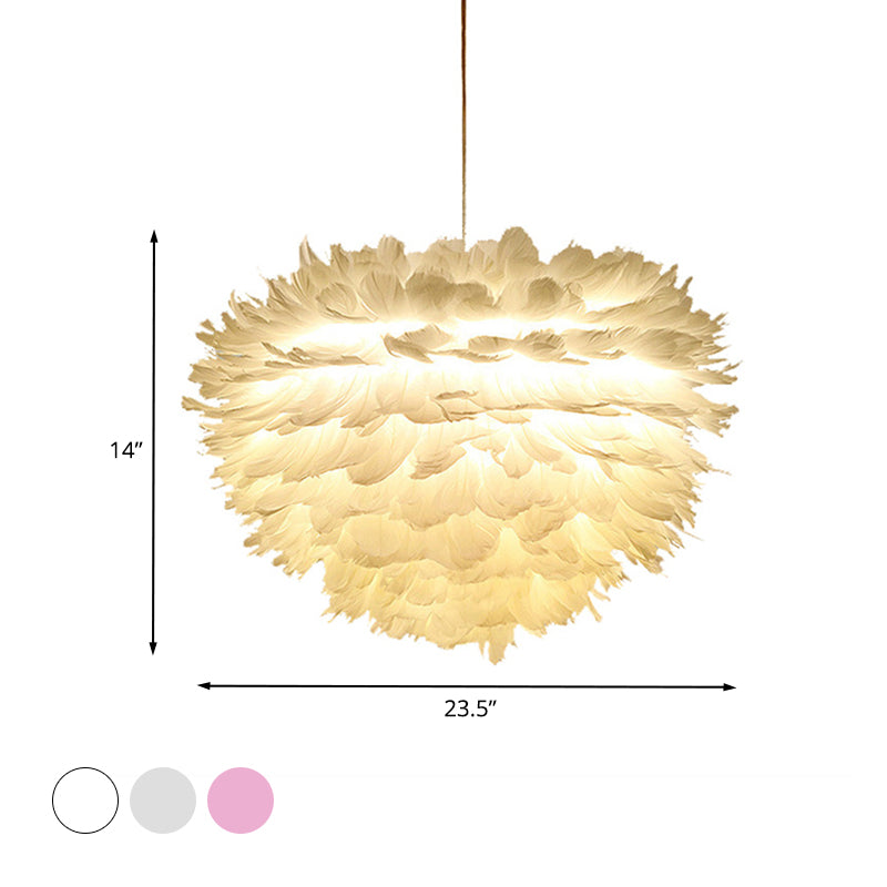 Modernist Feather Hanging Lighting Fabric 4-Light Bedroom Ceiling Chandelier in White/Grey/Pink Clearhalo 'Ceiling Lights' 'Chandeliers' 'Modern Chandeliers' 'Modern' Lighting' 702870