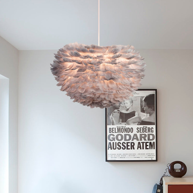 Modernist Feather Hanging Lighting Fabric 4-Light Bedroom Ceiling Chandelier in White/Grey/Pink Grey Clearhalo 'Ceiling Lights' 'Chandeliers' 'Modern Chandeliers' 'Modern' Lighting' 702871