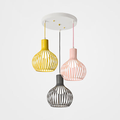 3 Bulbs Ceiling Lighting with Wire Dome Shade Metal Industrial Dining Room Hanging Light in Grey/Pink Pink-Yellow-Grey Round Clearhalo 'Ceiling Lights' 'Modern Pendants' 'Modern' 'Pendant Lights' 'Pendants' Lighting' 70288