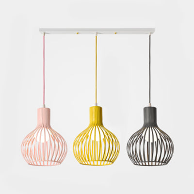 3 Bulbs Ceiling Lighting with Wire Dome Shade Metal Industrial Dining Room Hanging Light in Grey/Pink Pink-Yellow-Grey Linear Clearhalo 'Ceiling Lights' 'Modern Pendants' 'Modern' 'Pendant Lights' 'Pendants' Lighting' 70289