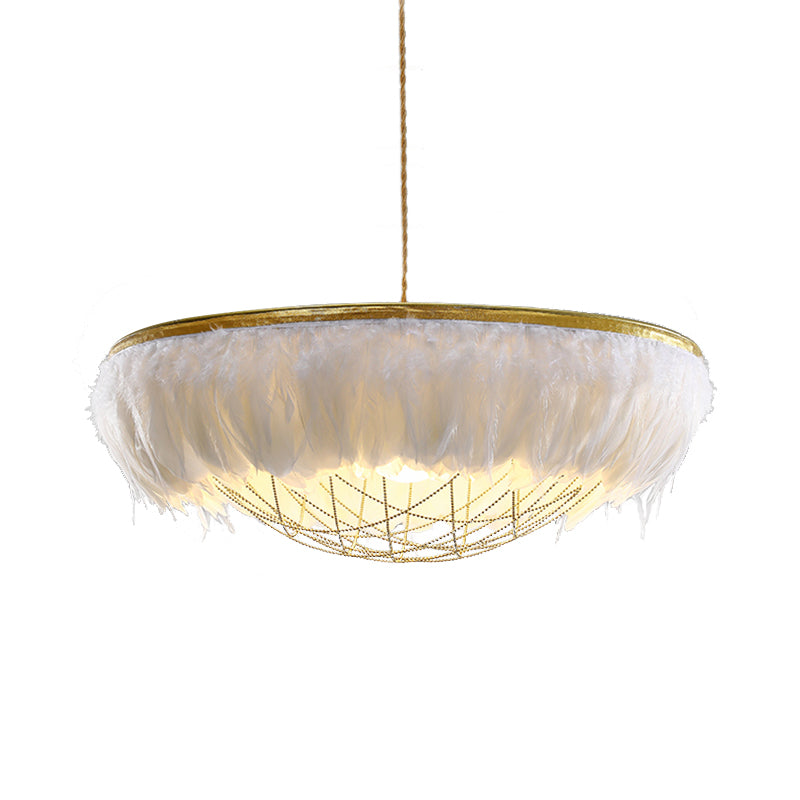 Dome Cage Metallic Chandelier Light Modern 2 Bulbs Gold Hanging Ceiling Lamp with White/Grey/Pink Feather Deco Clearhalo 'Ceiling Lights' 'Chandeliers' 'Modern Chandeliers' 'Modern' Lighting' 702899