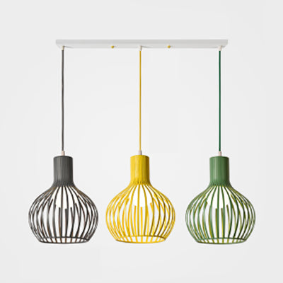 3 Bulbs Ceiling Lighting with Wire Dome Shade Metal Industrial Dining Room Hanging Light in Grey/Pink Yellow-Green-Grey Linear Clearhalo 'Ceiling Lights' 'Modern Pendants' 'Modern' 'Pendant Lights' 'Pendants' Lighting' 70290