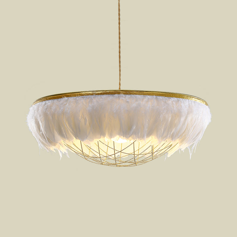 Dome Cage Metallic Chandelier Light Modern 2 Bulbs Gold Hanging Ceiling Lamp with White/Grey/Pink Feather Deco Clearhalo 'Ceiling Lights' 'Chandeliers' 'Modern Chandeliers' 'Modern' Lighting' 702900