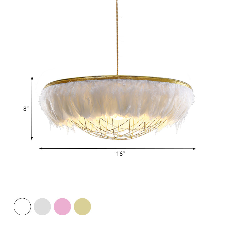 Dome Cage Metallic Chandelier Light Modern 2 Bulbs Gold Hanging Ceiling Lamp with White/Grey/Pink Feather Deco Clearhalo 'Ceiling Lights' 'Chandeliers' 'Modern Chandeliers' 'Modern' Lighting' 702901