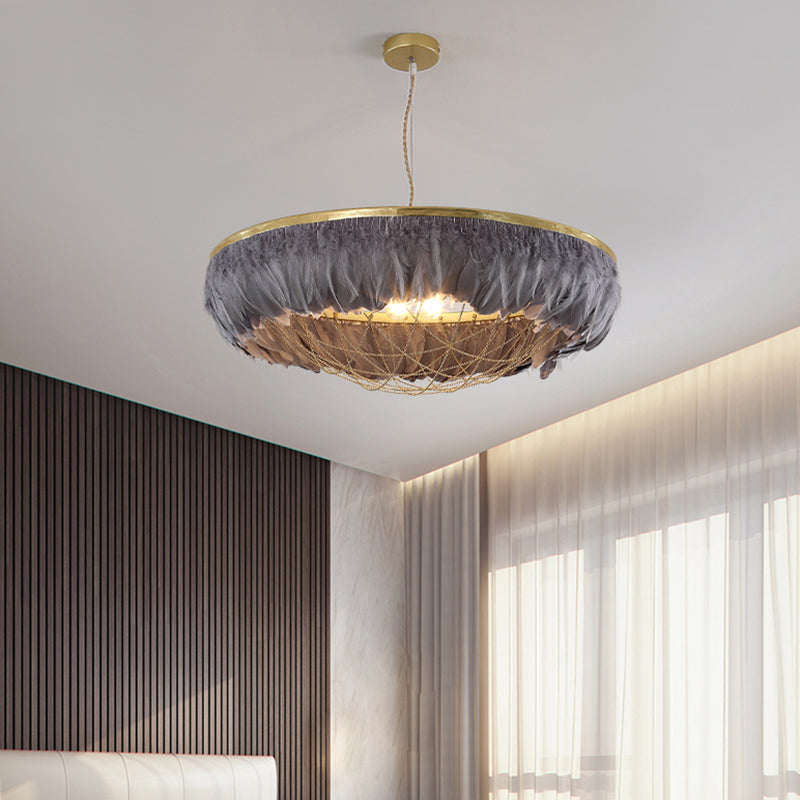 Dome Cage Metallic Chandelier Light Modern 2 Bulbs Gold Hanging Ceiling Lamp with White/Grey/Pink Feather Deco Grey Clearhalo 'Ceiling Lights' 'Chandeliers' 'Modern Chandeliers' 'Modern' Lighting' 702902