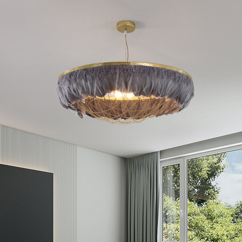 Dome Cage Metallic Chandelier Light Modern 2 Bulbs Gold Hanging Ceiling Lamp with White/Grey/Pink Feather Deco Clearhalo 'Ceiling Lights' 'Chandeliers' 'Modern Chandeliers' 'Modern' Lighting' 702903