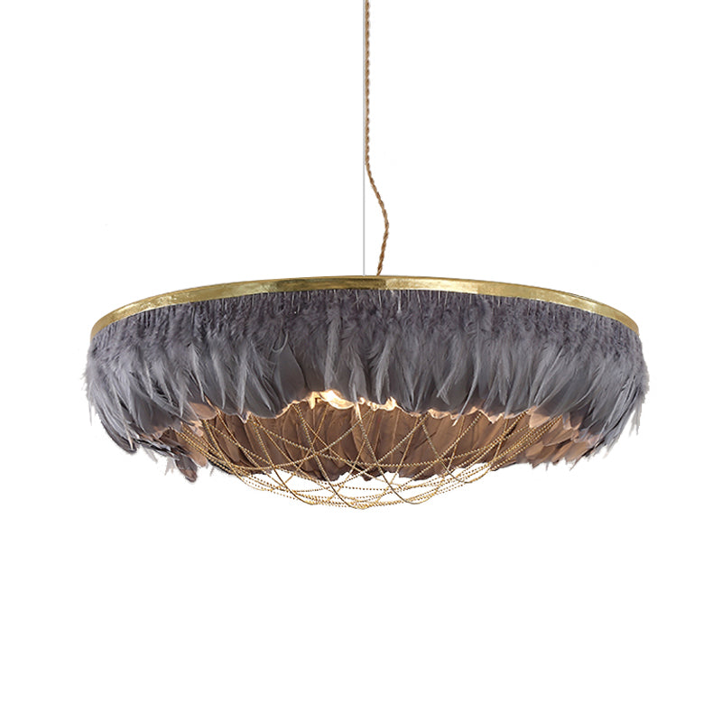 Dome Cage Metallic Chandelier Light Modern 2 Bulbs Gold Hanging Ceiling Lamp with White/Grey/Pink Feather Deco Clearhalo 'Ceiling Lights' 'Chandeliers' 'Modern Chandeliers' 'Modern' Lighting' 702904