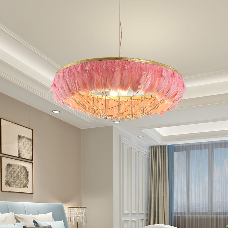 Dome Cage Metallic Chandelier Light Modern 2 Bulbs Gold Hanging Ceiling Lamp with White/Grey/Pink Feather Deco Pink Clearhalo 'Ceiling Lights' 'Chandeliers' 'Modern Chandeliers' 'Modern' Lighting' 702905