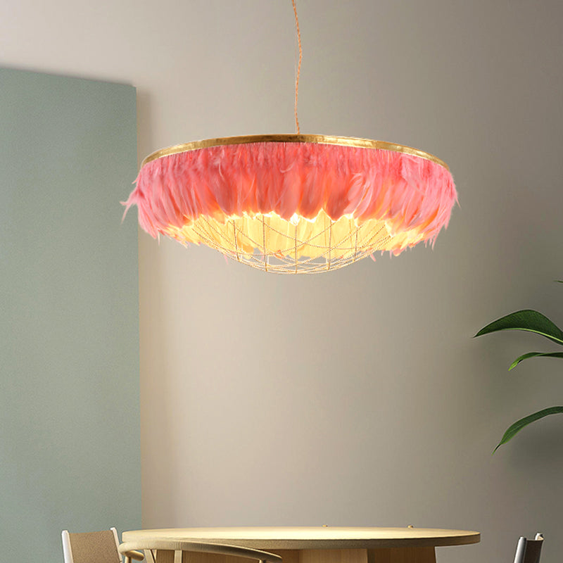 Dome Cage Metallic Chandelier Light Modern 2 Bulbs Gold Hanging Ceiling Lamp with White/Grey/Pink Feather Deco Clearhalo 'Ceiling Lights' 'Chandeliers' 'Modern Chandeliers' 'Modern' Lighting' 702906