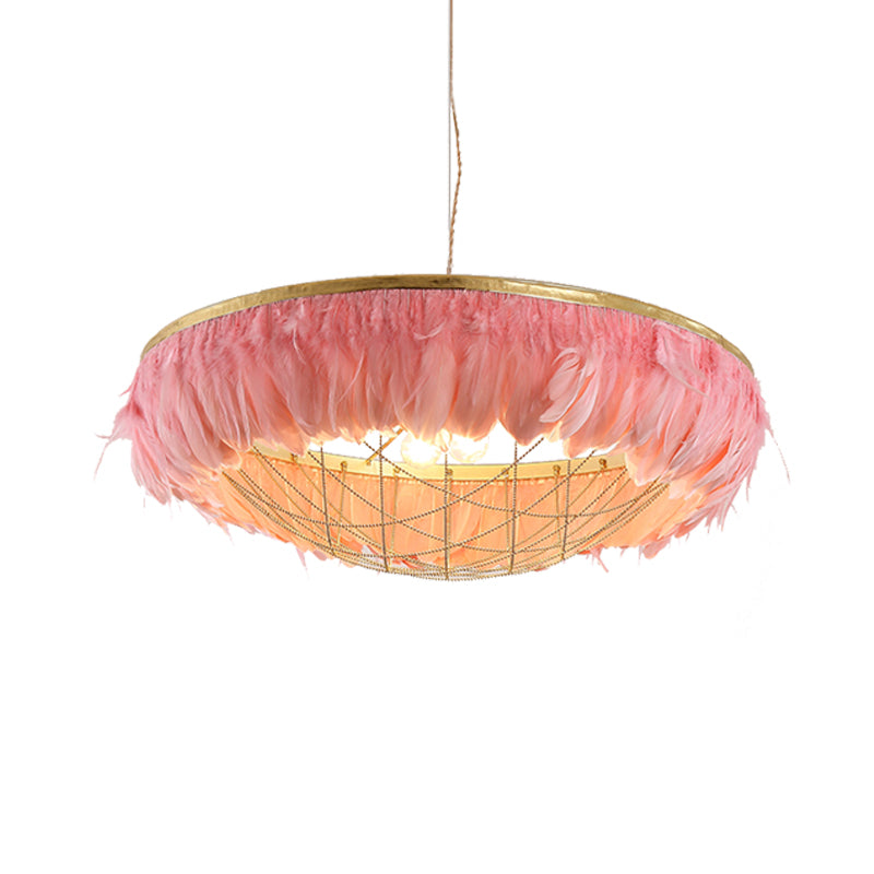 Dome Cage Metallic Chandelier Light Modern 2 Bulbs Gold Hanging Ceiling Lamp with White/Grey/Pink Feather Deco Clearhalo 'Ceiling Lights' 'Chandeliers' 'Modern Chandeliers' 'Modern' Lighting' 702907