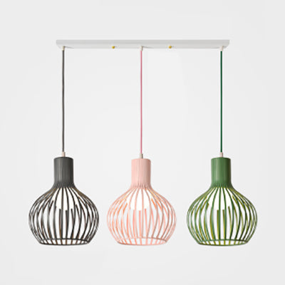 3 Bulbs Ceiling Lighting with Wire Dome Shade Metal Industrial Dining Room Hanging Light in Grey/Pink Pink-Green-Gray Linear Clearhalo 'Ceiling Lights' 'Modern Pendants' 'Modern' 'Pendant Lights' 'Pendants' Lighting' 70291