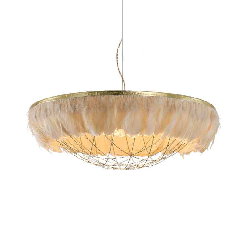 Dome Cage Metallic Chandelier Light Modern 2 Bulbs Gold Hanging Ceiling Lamp with White/Grey/Pink Feather Deco Clearhalo 'Ceiling Lights' 'Chandeliers' 'Modern Chandeliers' 'Modern' Lighting' 702910