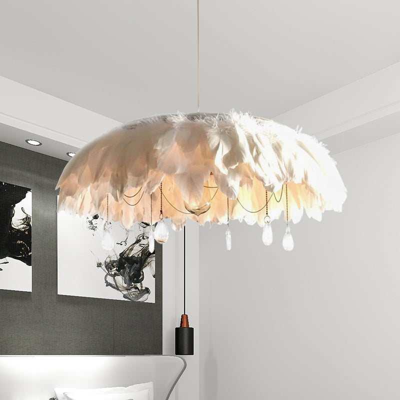 Contemporary Feather Hanging Lamp Fabric 1-Head Living Room Pendant in White with Crystal Drop White Clearhalo 'Ceiling Lights' 'Modern Pendants' 'Modern' 'Pendant Lights' 'Pendants' Lighting' 702911