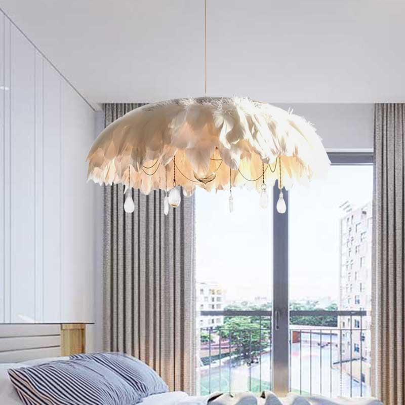 Contemporary Feather Hanging Lamp Fabric 1-Head Living Room Pendant in White with Crystal Drop Clearhalo 'Ceiling Lights' 'Modern Pendants' 'Modern' 'Pendant Lights' 'Pendants' Lighting' 702912