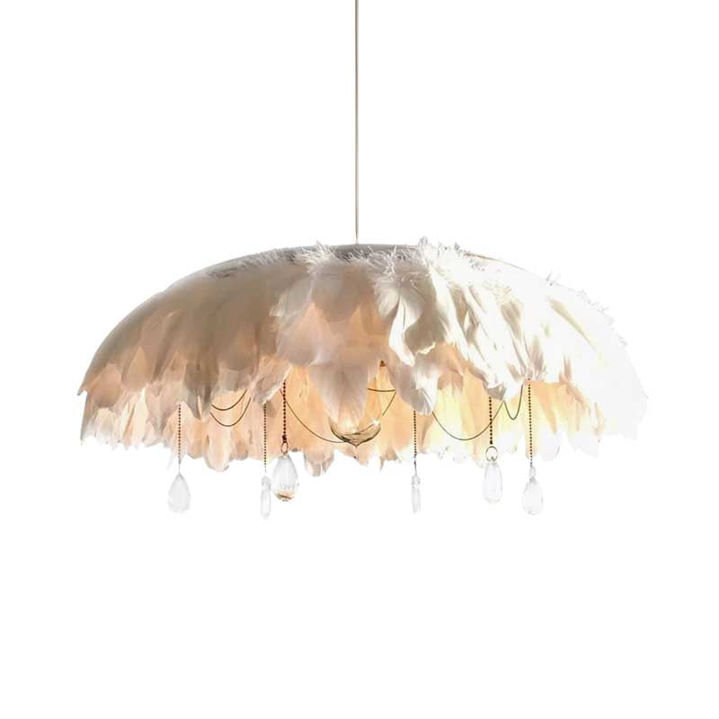 Contemporary Feather Hanging Lamp Fabric 1-Head Living Room Pendant in White with Crystal Drop Clearhalo 'Ceiling Lights' 'Modern Pendants' 'Modern' 'Pendant Lights' 'Pendants' Lighting' 702913