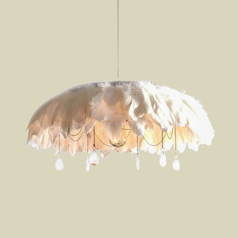 Contemporary Feather Hanging Lamp Fabric 1-Head Living Room Pendant in White with Crystal Drop Clearhalo 'Ceiling Lights' 'Modern Pendants' 'Modern' 'Pendant Lights' 'Pendants' Lighting' 702914