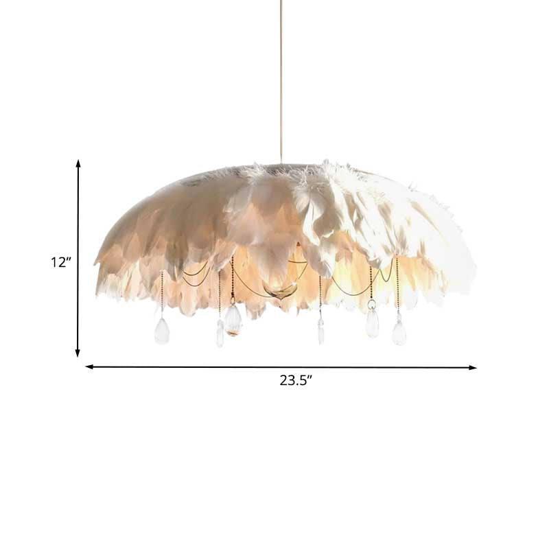 Contemporary Feather Hanging Lamp Fabric 1-Head Living Room Pendant in White with Crystal Drop Clearhalo 'Ceiling Lights' 'Modern Pendants' 'Modern' 'Pendant Lights' 'Pendants' Lighting' 702915