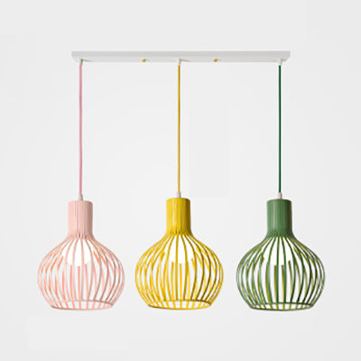 3 Bulbs Ceiling Lighting with Wire Dome Shade Metal Industrial Dining Room Hanging Light in Grey/Pink Green-Yellow-Pink Linear Clearhalo 'Ceiling Lights' 'Modern Pendants' 'Modern' 'Pendant Lights' 'Pendants' Lighting' 70292