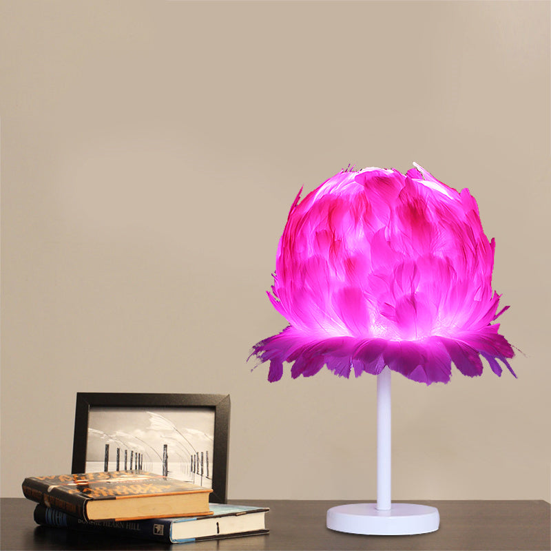 Fabric Feather Globe Table Lighting Modernism 1 Head White/Pink Nightstand Lamp for Bedroom Pink Clearhalo 'Lamps' 'Table Lamps' Lighting' 702921