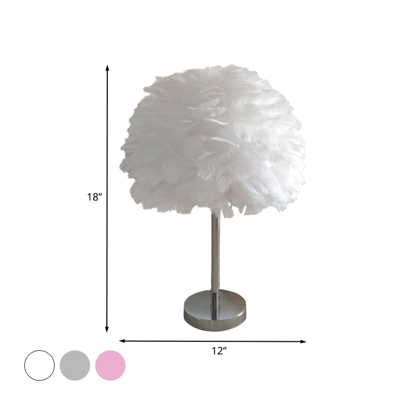 Globe Bedside Nightstand Light Fabric 1-Head Contemporary Feather Night Table Lamp in White/Grey/Pink Clearhalo 'Lamps' 'Table Lamps' Lighting' 702943