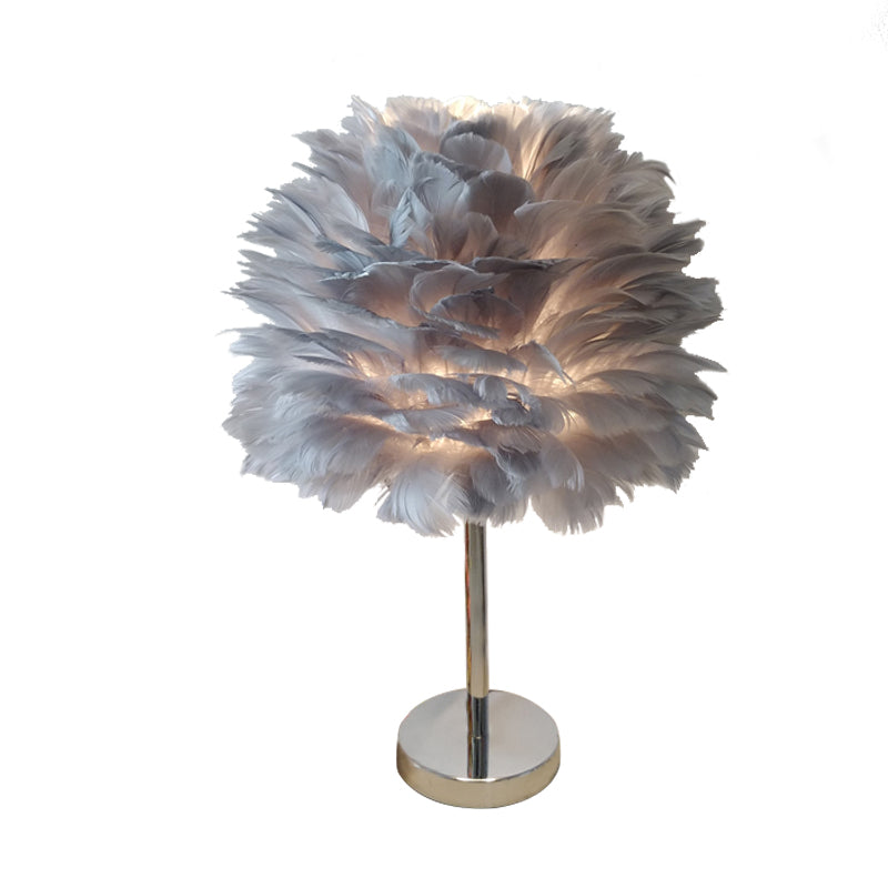 Globe Bedside Nightstand Light Fabric 1-Head Contemporary Feather Night Table Lamp in White/Grey/Pink Clearhalo 'Lamps' 'Table Lamps' Lighting' 702946