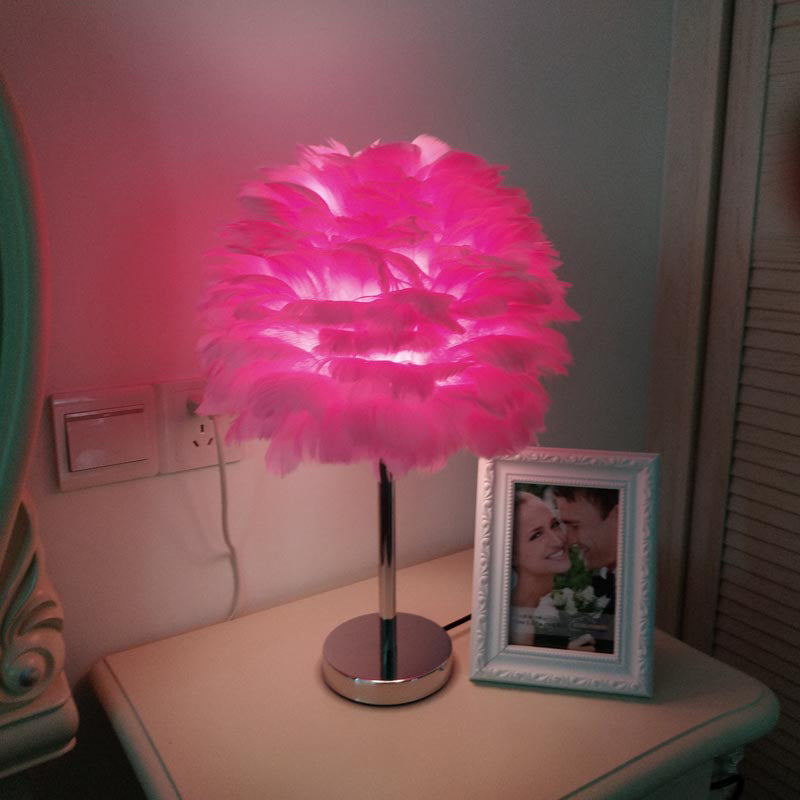 Modern Artichoke Plug-in Table Light Feather 1 Light Girls Room Nightstand  Lamp in Pink/Grey/White - Clearhalo