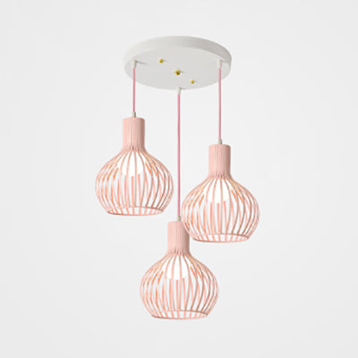 3 Bulbs Ceiling Lighting with Wire Dome Shade Metal Industrial Dining Room Hanging Light in Grey/Pink Pink Round Clearhalo 'Ceiling Lights' 'Modern Pendants' 'Modern' 'Pendant Lights' 'Pendants' Lighting' 70295