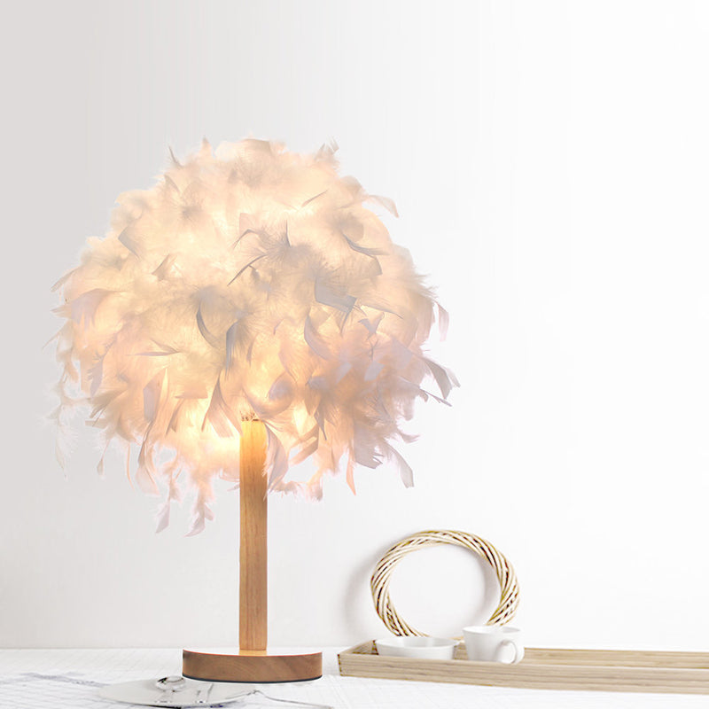 White Feather Night Table Light Modernist 1 Light Fabric Desk Lamp with Round Wood Base Clearhalo 'Lamps' 'Table Lamps' Lighting' 702961