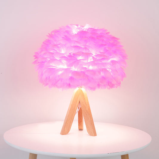 Fabric Feather Desk Lighting Modernist 1 Bulb Pink Table Lamp with Wood Tripod Base Pink Clearhalo 'Lamps' 'Table Lamps' Lighting' 702965