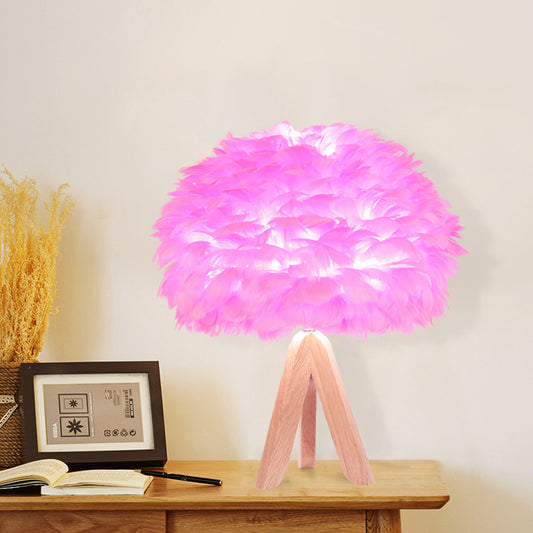 Fabric Feather Desk Lighting Modernist 1 Bulb Pink Table Lamp with Wood Tripod Base Clearhalo 'Lamps' 'Table Lamps' Lighting' 702966